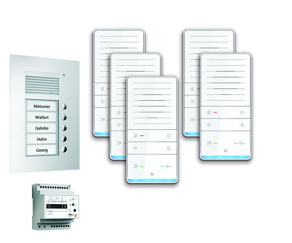 TCS deurbedieningssysteem audio: pack UP voor 5 wooneenheden, met buitenstation PUK 5 belknoppen, 5x handsfree luidspreker ISW5031, bedieningseenheid BVS20, PAUF051 / 001