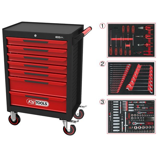 KS Tools ECOline ZWART/ROOD werkplaatswagen met 7 laden en 215 premium gereedschap, 897.7215