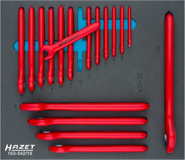Hazet steeksleutelset, dubbel geïsoleerd, buitenzeskantprofiel, 7 - 32, aantal gereedschappen: 18, 163-542/18