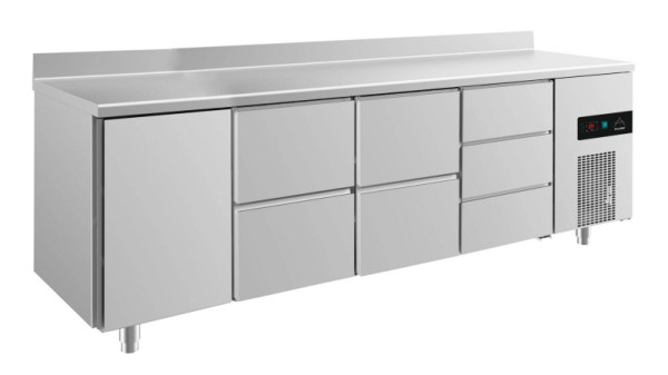 A&S Polarny koeltafel -2 tot +8°C met deur links, 2x twee laden en drie laden rechts, 2330 x 700 x 850 mm, met opstaande rand, KT4TZZDA