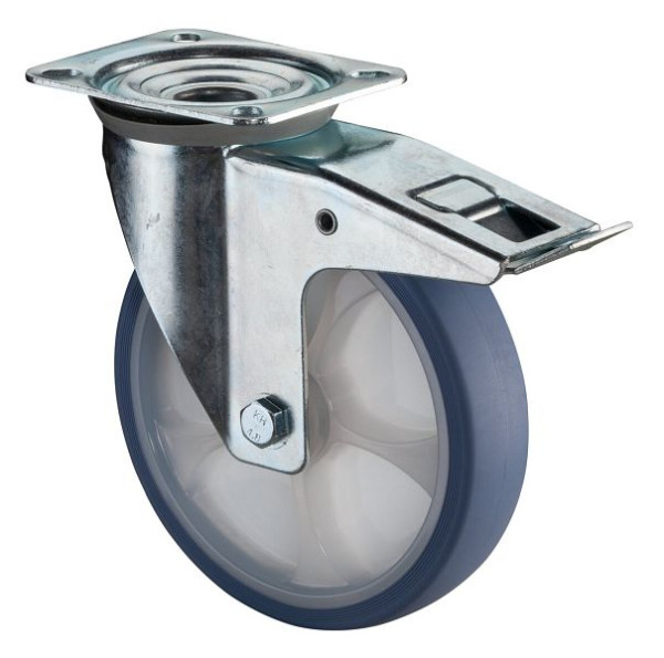 BS rollen transportwiel zwenkwiel met rem, thermoplastisch rubberen wiel, lichtblauwe band, natuurlijke velg, rollager, plaat, 200 mm, L420.B44.201.05