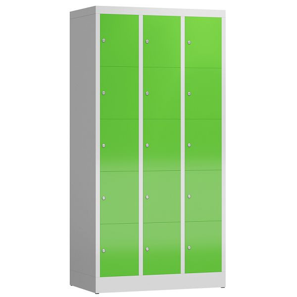 Lüllmann ClassiX lockerkast, 3 compartimenten met elk 5 compartimenten, 1800 x 870 x 500 mm, lichtgrijs/geelgroen, X-520535