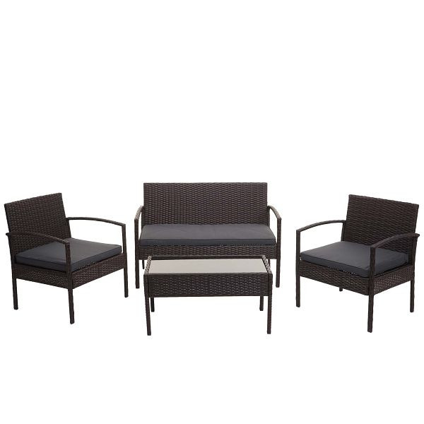 Mendler poly rotan set HWC-F56, balkon/tuin/loungeset, bruin, donkergrijze kussens, 76126