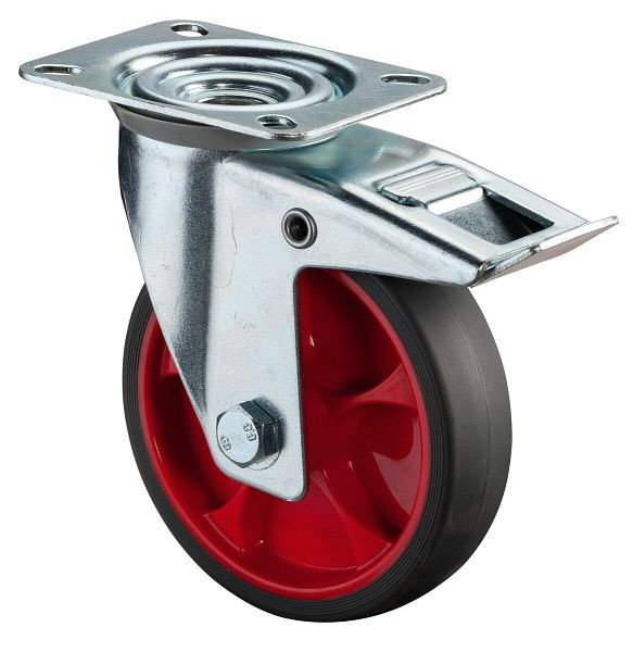 BS rollen transportwiel zwenkwiel met rem, thermoplastisch rubberen wiel, grijze band, rollager, plaat: 125 mm, verpakking: 2 stuks, L420.B44.126.03