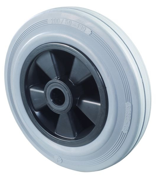 BS Rollen rubberen wiel, wielbreedte 50 mm, wiel-Ø 200 mm, draagvermogen 205 kg, grijs rubberen loopvlak, wiellichaam kunststof, rollager, VE = 2 stuks, B46.200