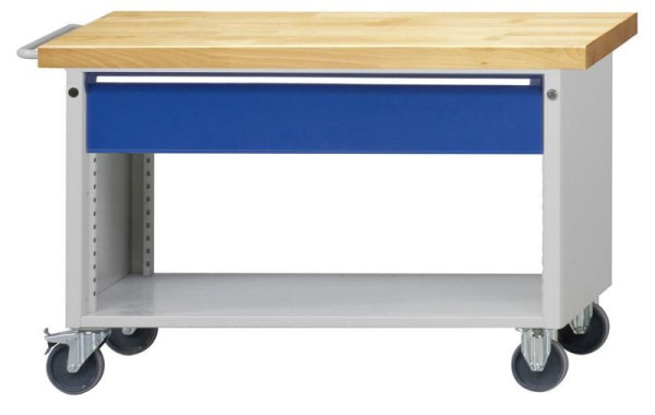 ANKE werkplaatswagen; 1140x650x790 mm; RAL 7035/5010; Massief beuken blad 40 mm; 1-delige behuizing (open aan de achterkant); 1x doorlopende lade 180 mm, 460.053