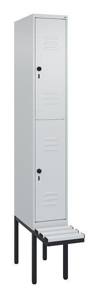 C+P Doppelstöckiger Spind Classic PLUS, 2120x300x815mm, 7035/7035, Drehriegel, mit Untergestell und schwebender Sitzfläche, 0803407-10 S10114