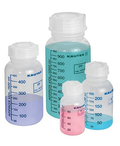 DENIOS wijdhalsflessen van PP, volumeschaal, met schroefdop, 100 ml, VE: 30 stuks, 281-906