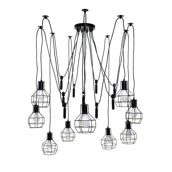 Mendler hanglamp HWC-H85, hanglamp hanglamp, industrieel metaal in hoogte verstelbaar zwart, 9x rooster lampenkap, 74197