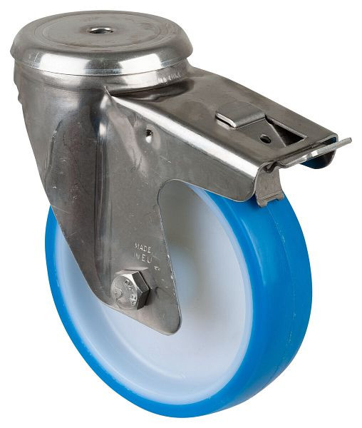 BS rollen RVS transportrol met rem, B40 mm, Ø150 mm, tot 200 kg, blauw polyurethaan oppervlak, kunststof behuizing, glijlager, H121.B32.150
