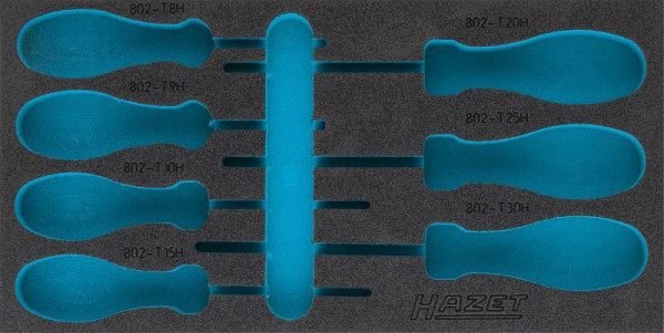 Hazet 2-componenten zachtschuim inleg, voor 802 TH/7 Afmetingen / lengte: 342 mm x 172 mm Organisatiesysteem afmeting: 1/3 (342 x 172 mm), 163-422L