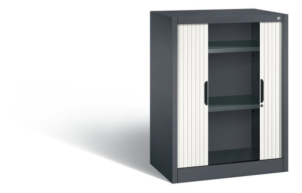 C+P dressoir met rolluik Omnispace, H1030xB800xD420mm, kleur: zwartgrijs/verkeerswit, verzonken greep, 2 niveaus, 3241-00 S10155