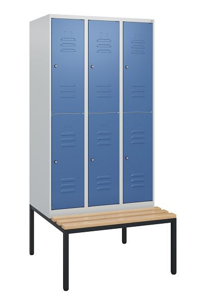 C+P dubbeldekkerkast Classic PLUS, 3 vakken, 1950x900x815mm, 7035/5023, cilindersloten, beukenhouten zitlat, bank, 0803505-30 S10035
