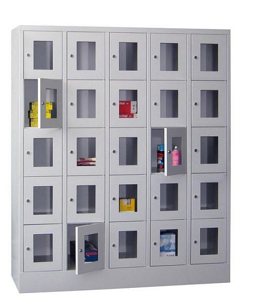 Pavoy Schließfachschrank mit Sockel 1850/500/1500, 5b x 5h, Zylinderschloss, Abteilbreite 300, Sichtfenster, 61213-553-091-910