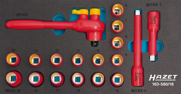 Hazet dopsleutelset, beschermende isolatie, hol vierkant 10 mm (3/8 inch), uitwendig dubbel zeskant trekprofiel, 8 - 22, aantal gereedschappen: 18, 163-580/18