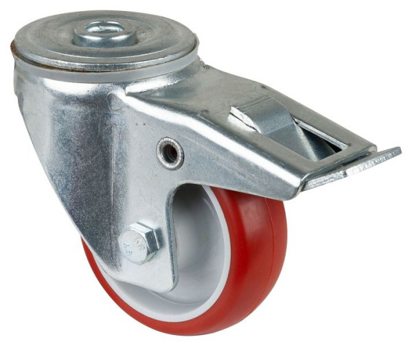 BS-rollen transportrol met rem, breedte 28 mm, Ø80 mm, tot 125 kg, rood polyurethaan loopvlak, rollager, VE = 2 stuks, L121.B31.080