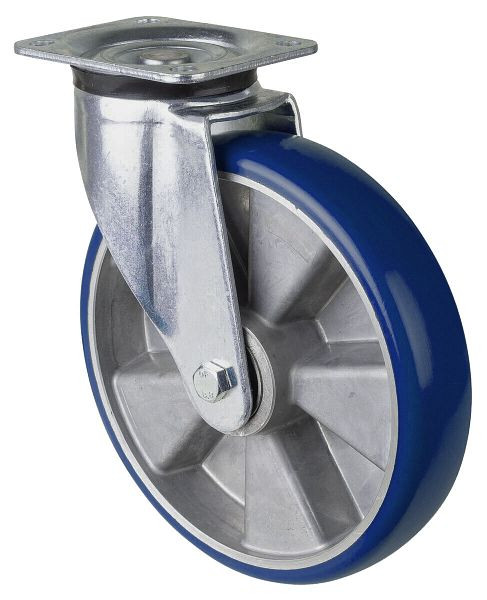BS Rollen zwaarlastwiel zwenkwiel, polyurethaan wiel 83 Shore, aluminium velg, kogellager, plaat, draagvermogen 800 kg, diameter: 250 mm, L600.B92.250