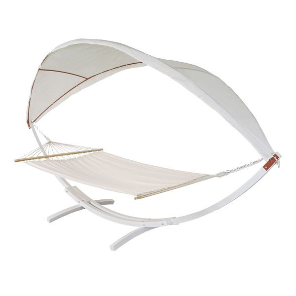 Mendler hangmat HWC-J47, hangende schommel tot 200kg zonnedak FSC houten frame 420cm 2 personen, wit, creme-wit, 80674+80675