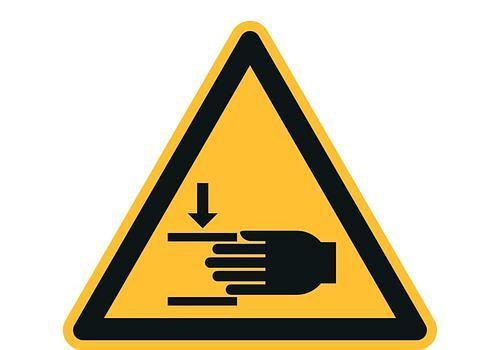 DENIOS waarschuwingsbord "Waarschuwing voor handletsel", ISO 7010, folie, SK, 50 mm, verpakking: 10 vellen à 10 stuks, 285171