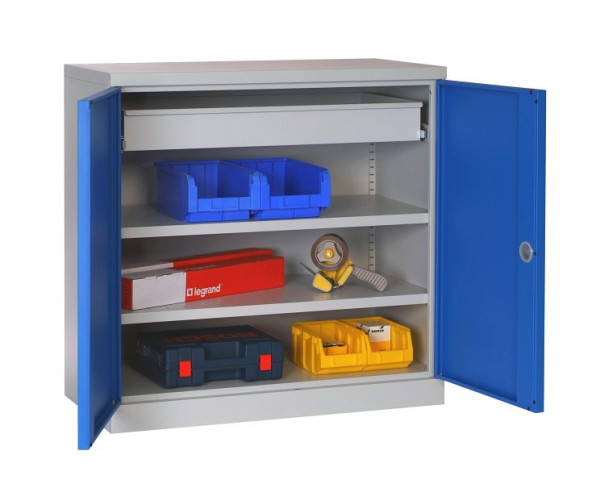 SOFAME ingerichte werkplaatskast B 1000 x D 500 x H 1000 mm, met 1 lade (B890XH100) + 2 planken, hemelsblauw RAL 5015, W030090031GCBI
