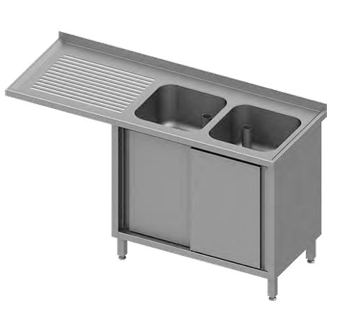Stalgast spoelbakkast met schuifdeuren en overstek 1400x600x900 mm, met links een spoelbak, met opstand, gelast, VSK14626LA