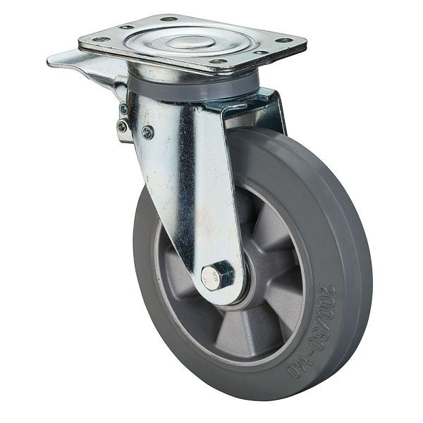 BS Rolls Zwaarlastwiel met rem, breedte 50 mm, Ø200 mm, tot 450 kg, grijze elastische banden, aluminium wiellichaam, kogellagers, N120.B83.200