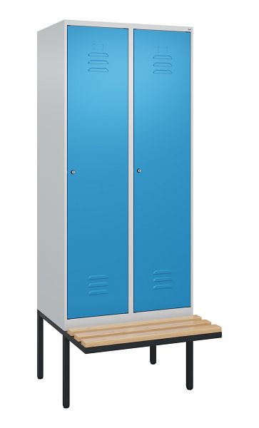 C+P Umkleidespind Classic PLUS, 2 Abteile, 2120x800x815mm, 7035/5012, Zylinderschlösser, Buche-Sitzleisten, je 2 Doppel-Haken, 0800407-22F S10048