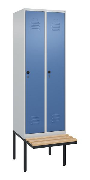 C+P Umkleidespind Classic PLUS, 2 Abteile, 2120x600x815mm, 7035/5023, Drehriegel, Buche-Sitzleisten, je 2 Doppel-Haken, 0800407-20F S10005