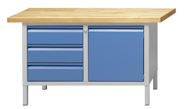 ANKE kastwerkbank; 1500 x 700 mm; RAL 7035/5012; Links 3 laden 170 mm; Rechts 1 deur 510 mm
