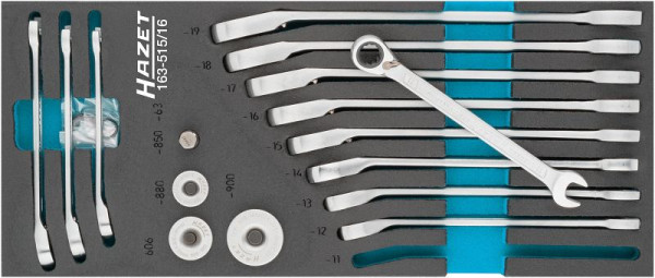 Hazet ringratelsleutelset, uitwendig dubbel zeskant trekprofiel, 8 - 19, aantal gereedschappen: 16, 163-515/16