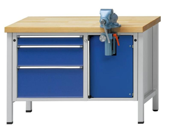 ANKE werkbank voor assemblage; onbeweeglijk; 1270x700mm; Plaat met gegalvaniseerd plaatstaal; Links 3 laden 90, 180, 270 mm; Bankschroefcompartiment rechts
