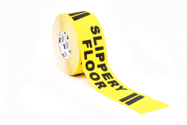 m2 antislip oppervlak waarschuwingsmarkering zwart/geel met tekst "Slippery Floor" rol 75mmx18,3m, M11ER075183
