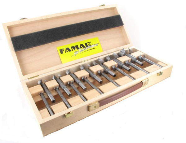 Famag Forstner Bits WS, in een houten doos, executie: 16-delige set in een houten kist Ø 1/4, 3/8, 1/2, 5/8, 3/4, 7/8, 1, 1 1/8, 1 1/4, 1 3/8, 1 1 / 2, 1 5/8, 1 3/4, 1 7/8, 2, 2 1/8 ", 1630.616.00