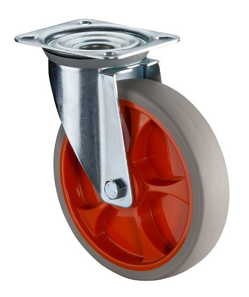 BS rollen transportwiel zwenkwiel, thermoplastisch rubberen wiel, oranje velg, lichtgrijze band, rollager, plaat, diameter: 200 mm, L400.B44.201.02