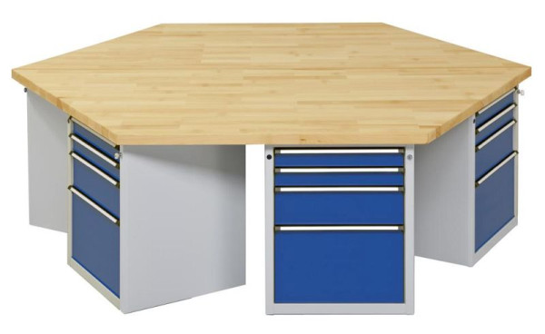 ANKE zeshoekige groepswerkbank; 6 werkplekken; 2340x2700 mm; RAL 7035/5010; Massief beuken blad 50 mm; Randlengte 1350 mm, model 603 VG