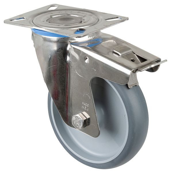 BS rollen RVS transportrol met rem, B40 mm, Ø150 mm, tot 140 kg, thermoplast grijze banden, glijlager, plaat, H120.B43.150