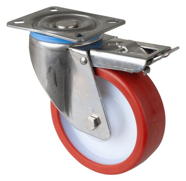BS rollen RVS zwaarlastwiel zwenkwiel, RVS, met rem, glijlager rood polyurethaan wiel, schroefplaat 125 mm, 300 kg, HS120.B27.125