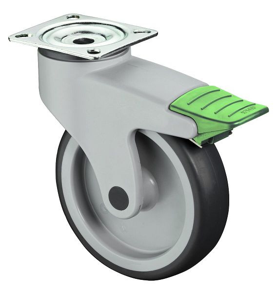 BS-rollen Kunststofrol met richt-/blokkeerinrichting, B32 mm, Ø125 mm, tot 100 kg, grijs rubberen oppervlak, kunststof behuizing, glijlager, C130.A81.125