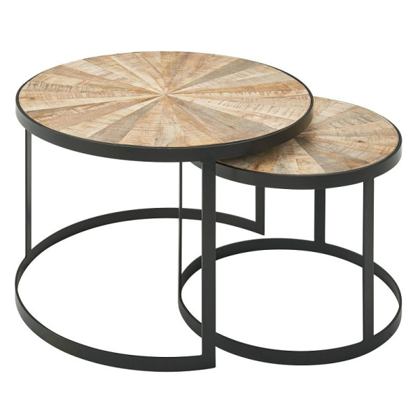 Wohnling Design salontafel set van 2 mango massief hout rond, met bruin metalen poten, WL6.346