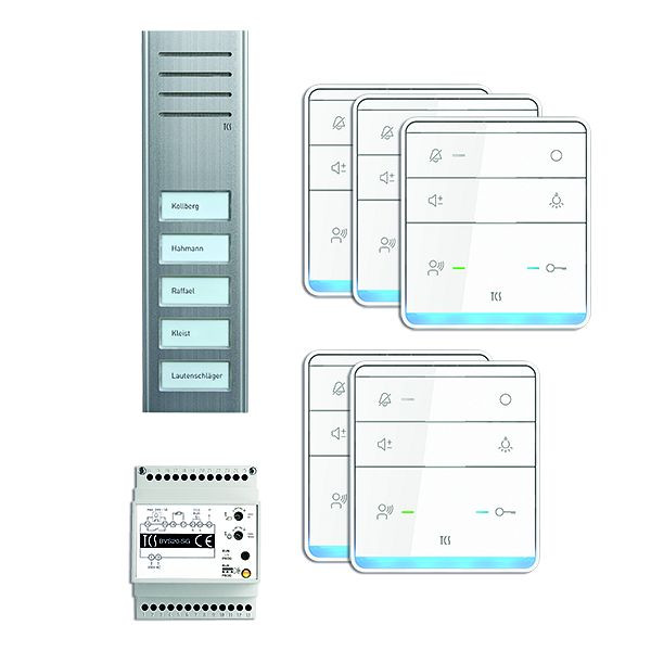 TCS deurbediening audio: pack AP voor 5 wooneenheden, met buitenpost ASX 5 belknoppen, 5x handsfree luidspreker ISW5010, bedieningseenheid BVS20, PSX2350-0000