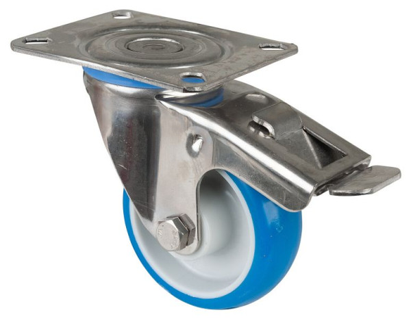 BS rollen RVS transportrol met rem, B28 mm, Ø80 mm, tot 70 kg, oppervlak blauw polyurethaan, kunststof behuizing, glijlager, plaat, H120.B32.080