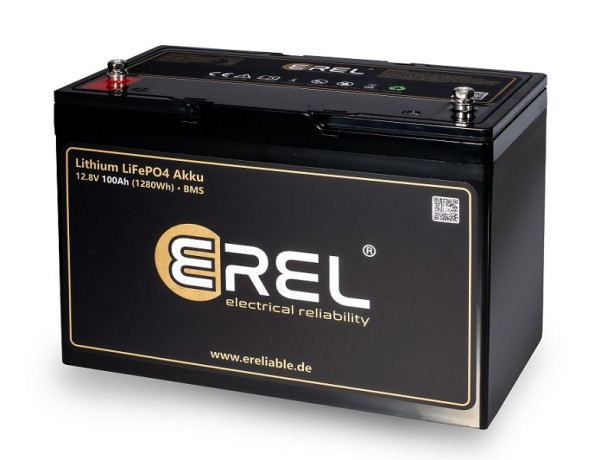EREL 12,8V LiFePO4 Lithium Speicher- und Versorgungsbatterie 100Ah 1280Wh, ER-12V100A1