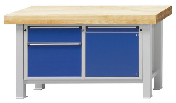 ANKE zware werkbank; 1500x800 mm; RAL 7035/5010; Beuk massieve plaat; Links 2 laden 180, 360 mm; Rechts 1 deur 540 mm