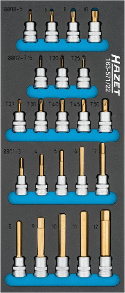 Hazet schroevendraaierdopsleutelset, hol vierkant 10 mm, binnen TORX® profiel, binnen meertands profiel XZN, binnen zeskant profiel, 163-571/22
