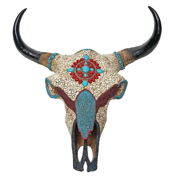 Mendler decoratie koeienschedel HWC-D31, stierenkop stier dierenkop koeienkop trofee met mozaïek, polyresin 51x50x25cm, 62700