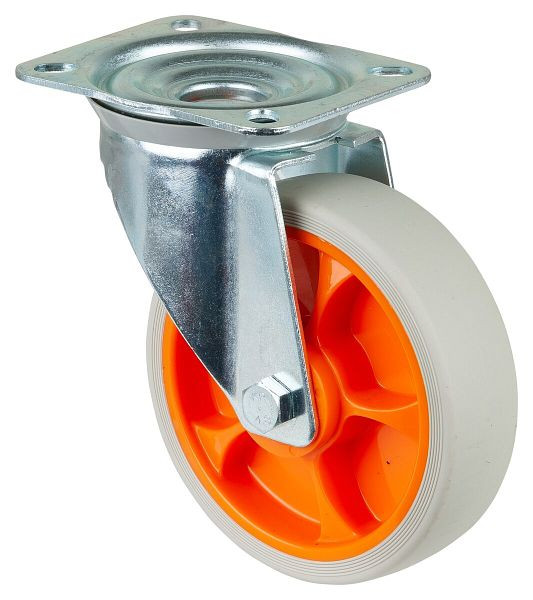BS rollen transportwiel zwenkwiel, thermoplastisch rubberen wiel, oranje velg, lichtgrijze banden, diameter: 160 mm, verpakking: 2 stuks, L400.B44.161.02