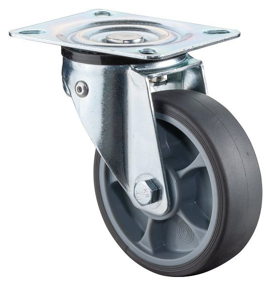 BS Castors Zwenkwiel, thermoplastisch rubberen wiel, kunststof velg, kogellager, met lastafhankelijke draaiblokkering 360°, verpakking: 2 stuks, L300.A85.100