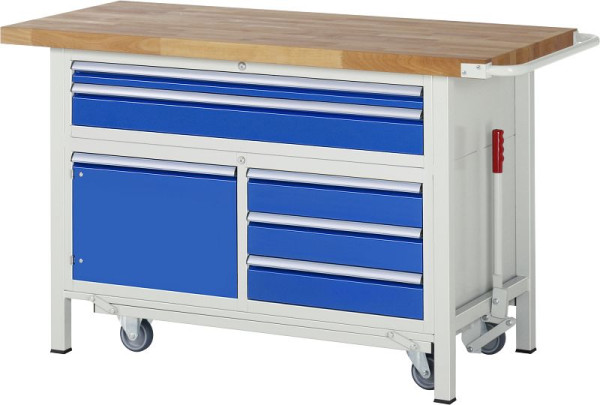 RAU werkbank met neerlaatbaar onderstel serie 8000, drievoudige bodemcontainer (5x lade, 1x draaideur), 1500x920x700 mm, 05-8922A2-157B4F.11