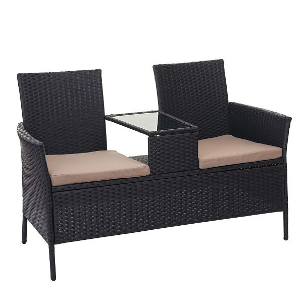 Mendler poly rotan bank met tafel HWC-E24, tuinbank zitgroep, tuinbank, 132cm, zwart, kussens creme, 65243