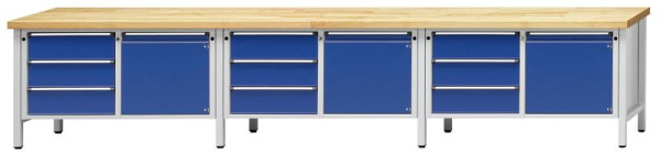 ANKE kastwerkbank; 3 werkplekken; 4050x700 mm; RAL 7035/5010; Links 3 laden 180 mm; Rechts 1 deur 540 mm
